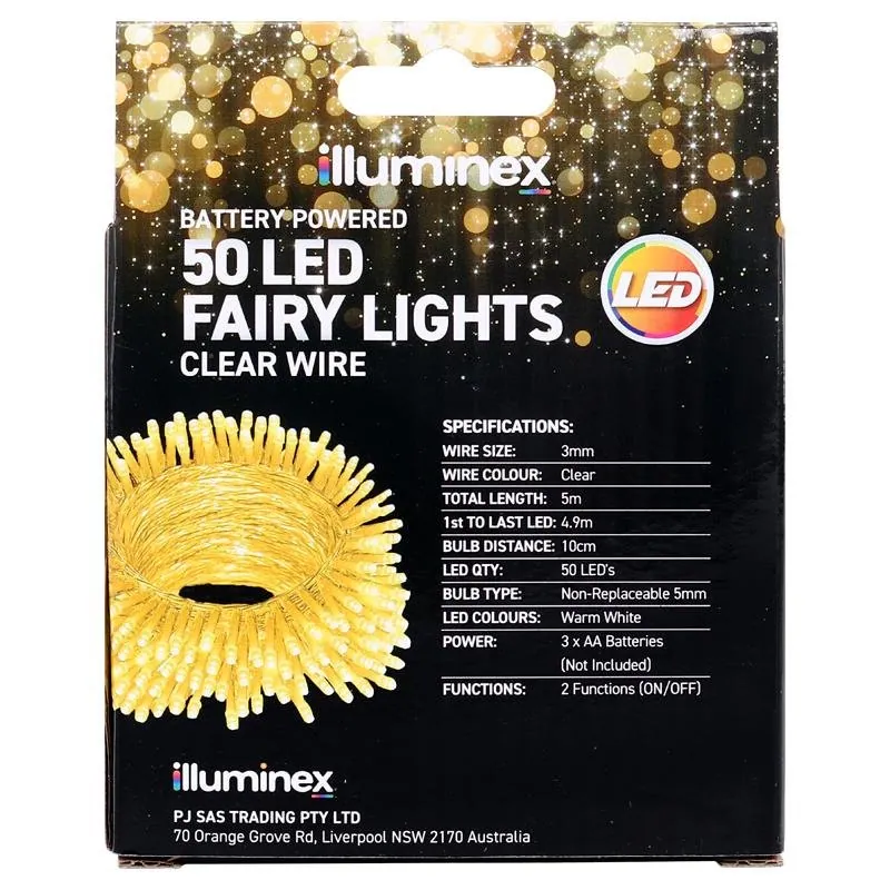 Fairy Lights Battery Operated 50 LED 5m Warm White 2 Function Clear Wire – image 3