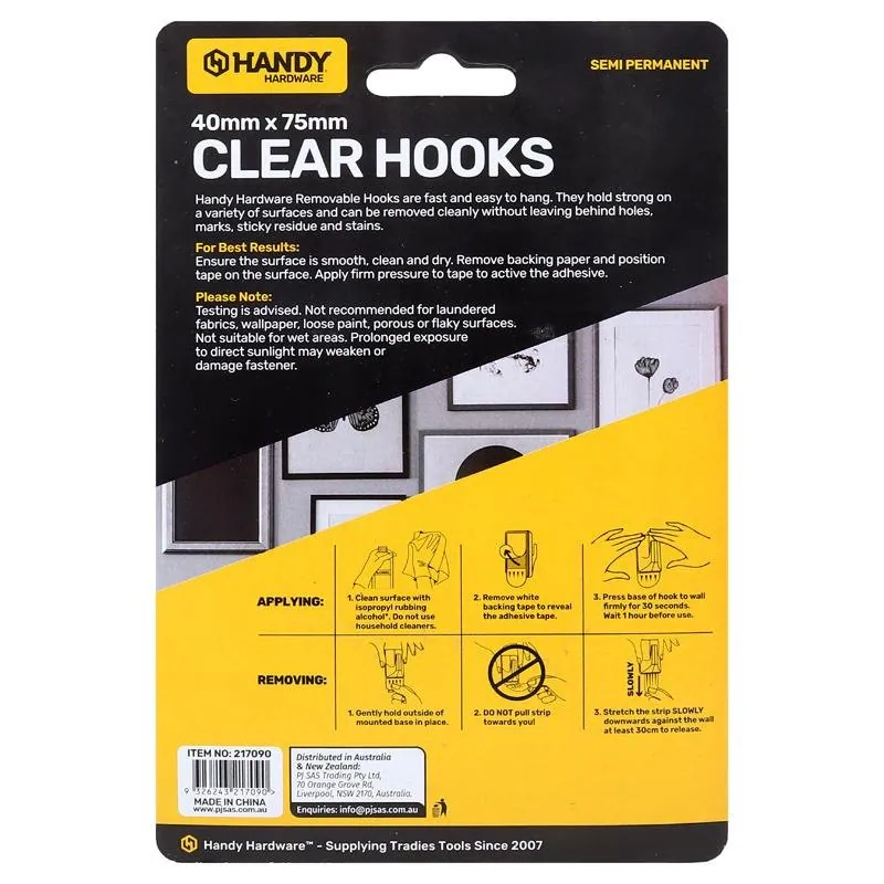 Removable Hooks Rectangle Clear Plastic 74mm X 40mm 2pk (Holding Weight 3kg) – image 3