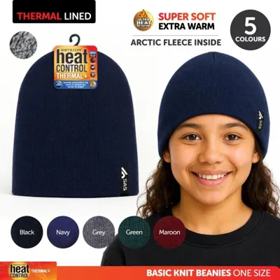 Beanie Kids Heat Control Thermal Lined Knit 5 Colours Blue, Maroon, Green, Grey & Black