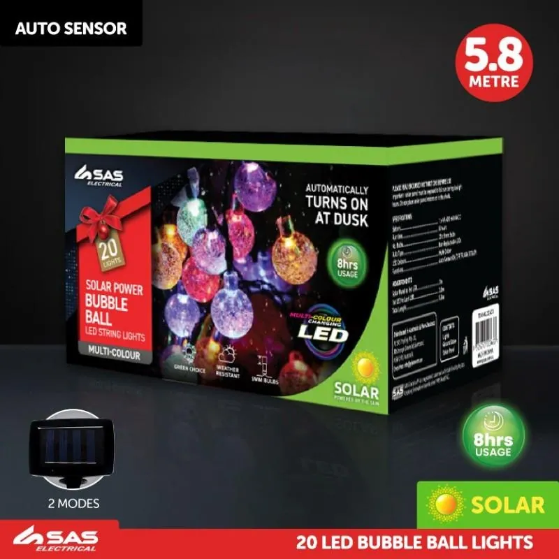 Christmas Fairy String Light Solar Ball Bubble 20LED 7.8m Total Length Multi Colour 2 Functions – image 4