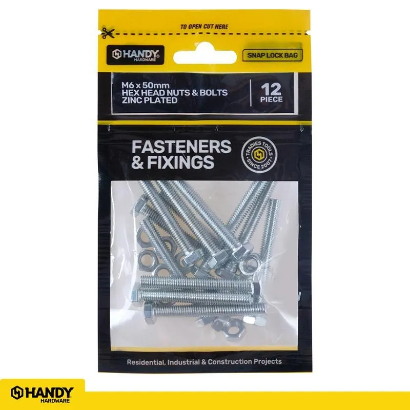Bag of Hex Head Nuts & Bolts Zinc Plated M6 X 50mm 12pc – image 4