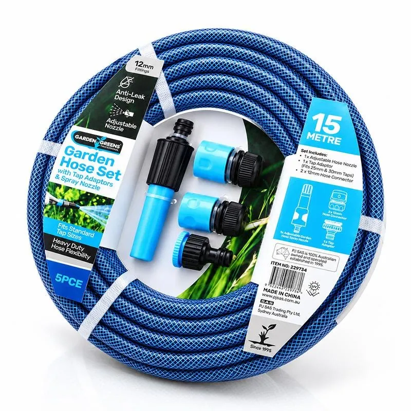Hose Set 5pc Green Includes: 15m X 12mm Hose, 2 X 12mm Hose Connectors, 1 X Adjustable Spray Nozzle & 1 X Universal Tap Adaptor for 1" or 3/4" – image 3