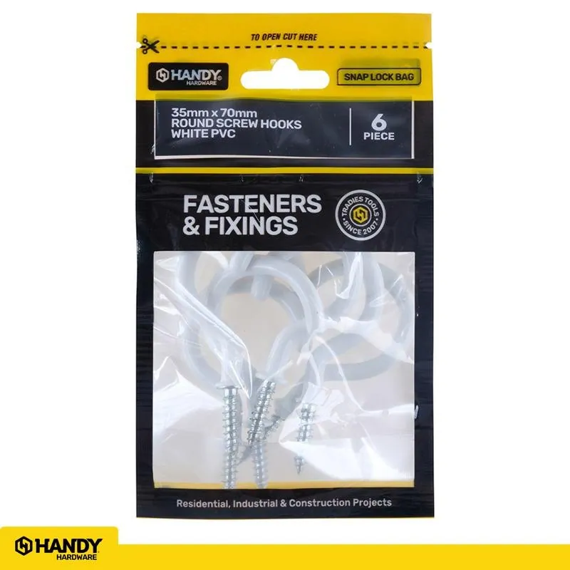 Bag of Round Screw Hooks White PVC 35mm X 70mm 6pc – image 4