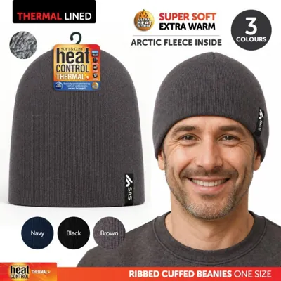 Beanie Adults Heat Control Thermal Lined Basic Knit Brown, Navy & Brown