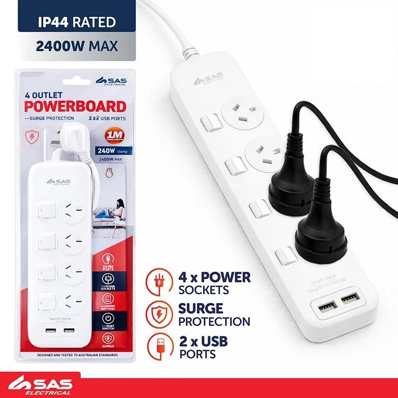 Halloween Power Board 4 Outlets with Individual Switch & Surge Protection & 2 USB Ports 1 Metre Cord White 240V 10A Max Load 2400W USB Output 5V 2.1A – image 4