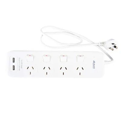 Halloween Power Board 4 Outlets with Individual Switch & Surge Protection & 2 USB Ports 1 Metre Cord White 240V 10A Max Load 2400W USB Output 5V 2.1A