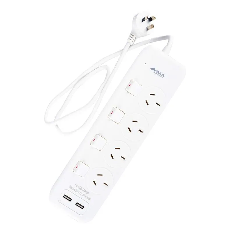 Halloween Power Board 4 Outlets with Individual Switch & Surge Protection & 2 USB Ports 1 Metre Cord White 240V 10A Max Load 2400W USB Output 5V 2.1A – image 2