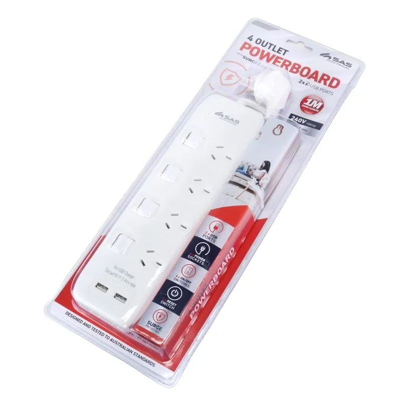 Halloween Power Board 4 Outlets with Individual Switch & Surge Protection & 2 USB Ports 1 Metre Cord White 240V 10A Max Load 2400W USB Output 5V 2.1A – image 3