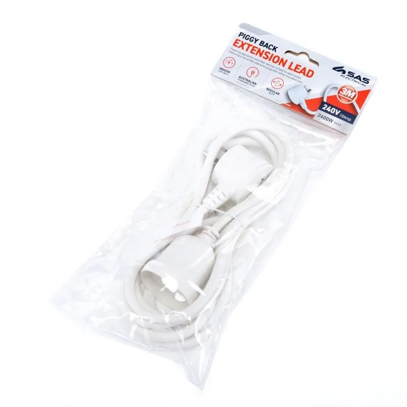 Piggy Back Extension Lead 3 Metre White 240V 10A Max Load 2400W – image 3