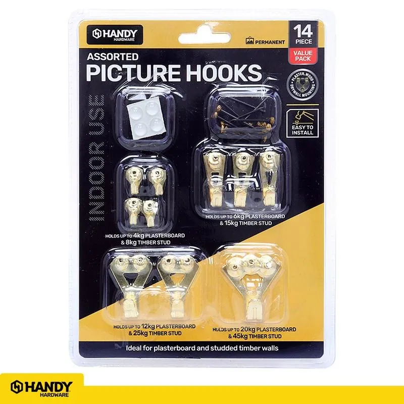 Hooks Picture Premium Brass Plated Assorted Hooks & Sizes 14pc (Holds Up To 45kg) – image 4