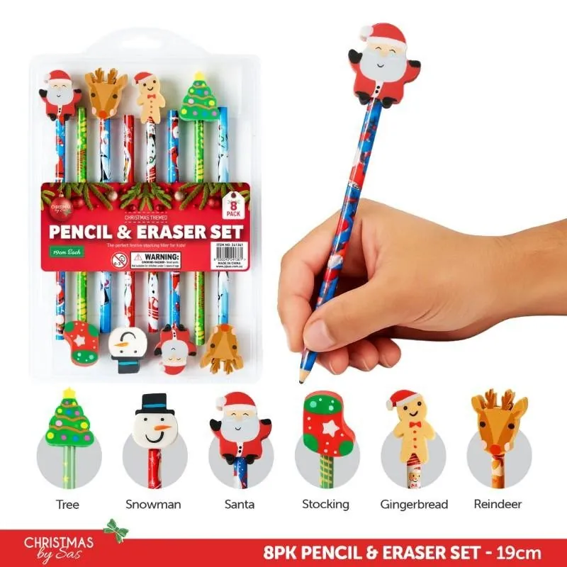 Pencil & Eraser Set Christmas 8pk 19cm Multi-Colour 8 Assorted Designs – image 4