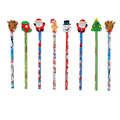 Pencil & Eraser Set Christmas 8pk 19cm Multi-Colour 8 Assorted Designs