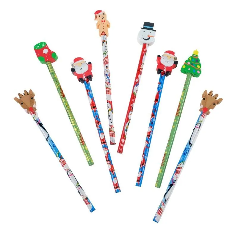 Pencil & Eraser Set Christmas 8pk 19cm Multi-Colour 8 Assorted Designs – image 2