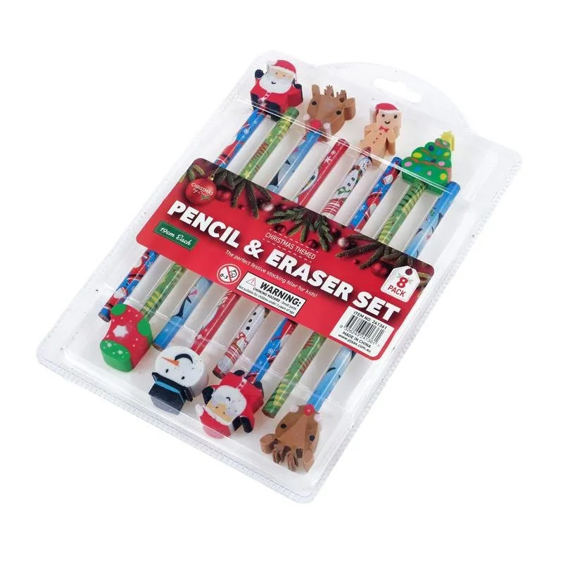 Pencil & Eraser Set Christmas 8pk 19cm Multi-Colour 8 Assorted Designs – image 3