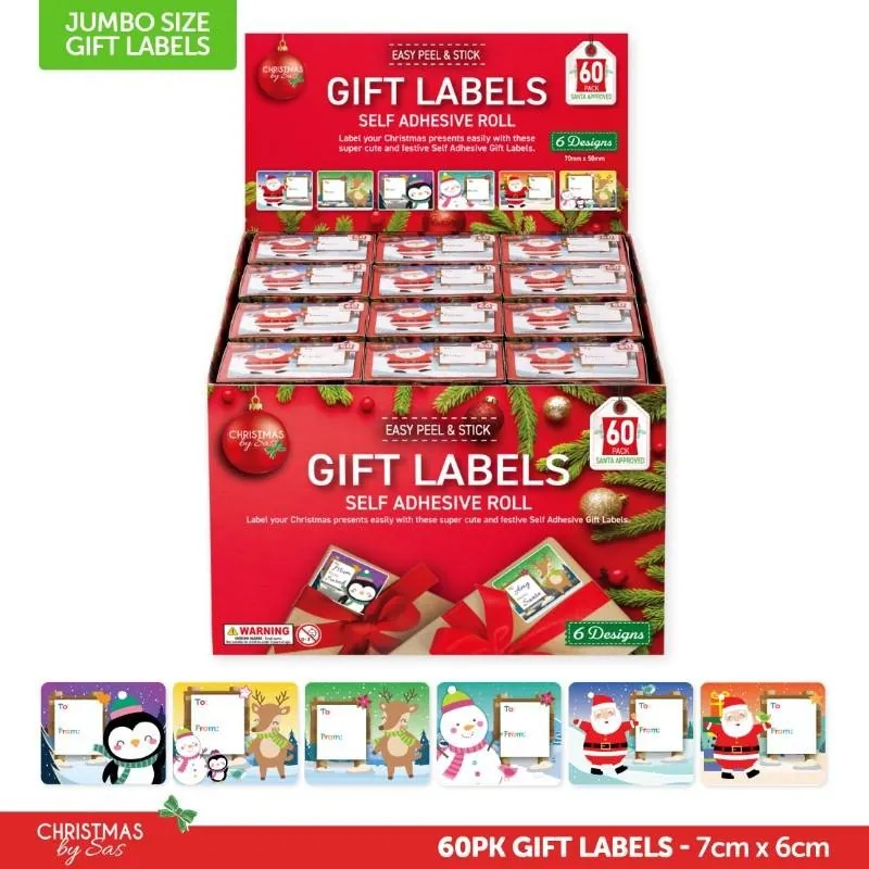 Gift Tag Adhesive Christmas Jumbo 60pk 7cm X 6cm 6 Assorted Designs – image 4