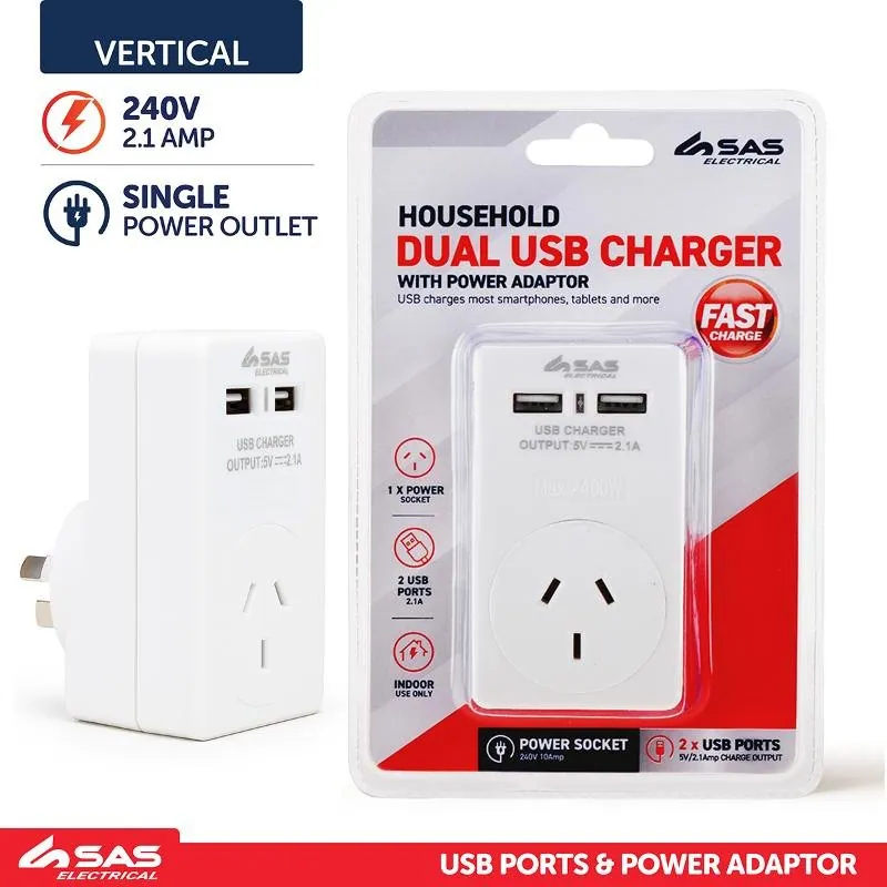 Adaptor with Dual USB Ports White 240V 10A Max Load 2400W USB Output 5V 2.1A – image 2