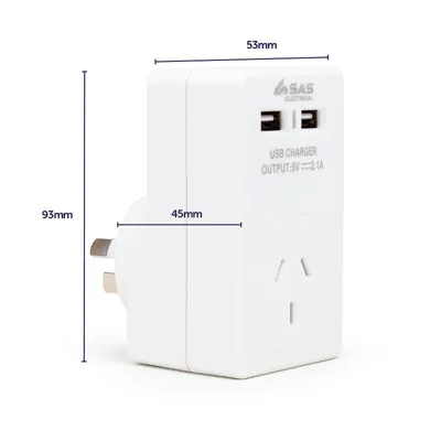 Adaptor with Dual USB Ports White 240V 10A Max Load 2400W USB Output 5V 2.1A