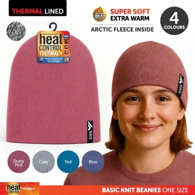 Beanie Womens Heat Control Thermal Lined Basic Knit Dusty Pink, Teal, Light Grey & Blue