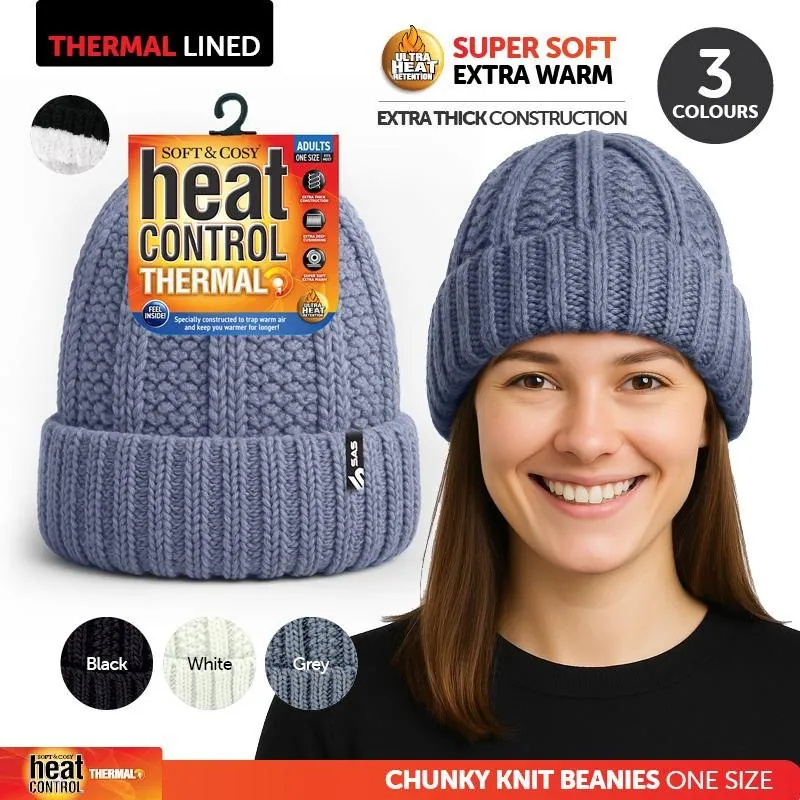 Beanie Womens Heat Control Thermal Lined Chunky Ribbed Knit Black, Grey & White – image 4