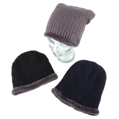 Beanie Adults Heat Control Thermal Lined Slouch Fringe Faux Fur Black, Grey & Navy