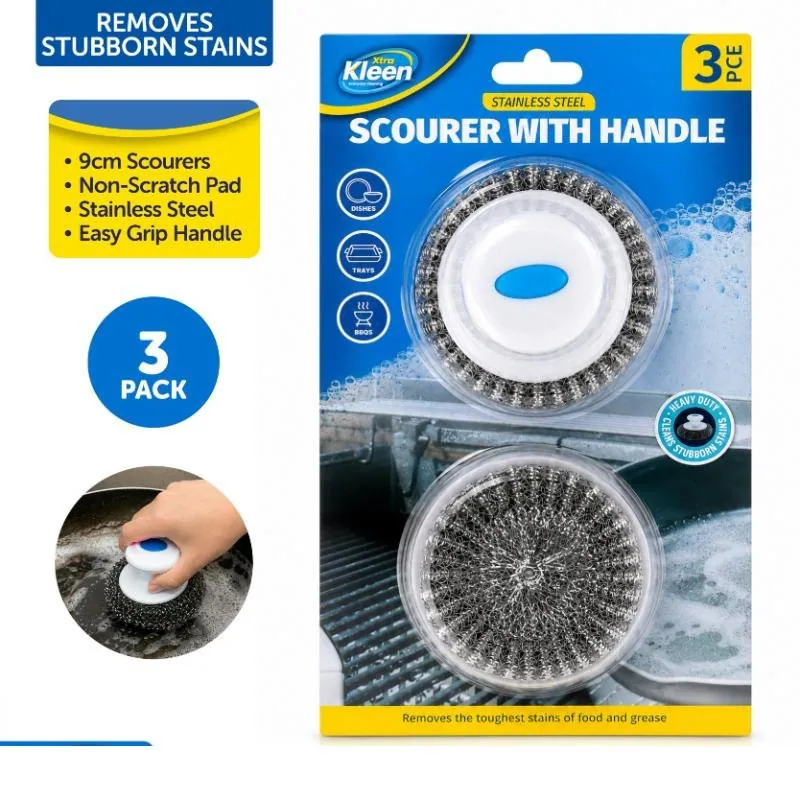 Stainless Steel Scourer with Handle 3pc Set Includes 2 X Scourers, 1 X Hand Tool - 18g Per/pc – image 4