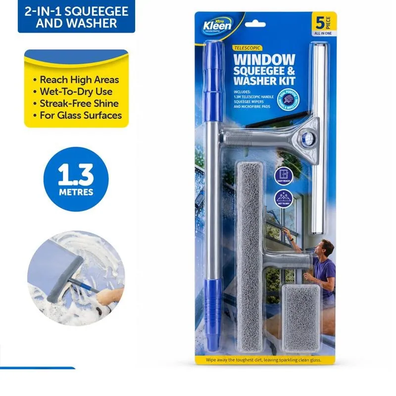 Squeegee Window Cleaning Set with Telescopic Extendable Handle Includes: 2 X Microfibre Pads 1 X Rubber Squeegee & 1 X Extendable Pole – image 4
