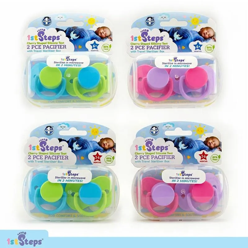 Pacifier Silicone Cherry Teat with Travel Steriliser Box 2pk 3-6mths & 6mths+ Pink & Blue Bpa Free – image 4