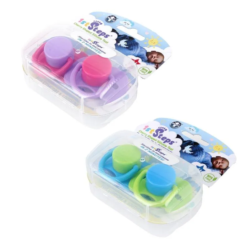 Pacifier Silicone Cherry Teat with Travel Steriliser Box 2pk 3-6mths & 6mths+ Pink & Blue Bpa Free – image 3