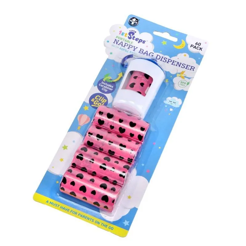 Nappy Bag Dispenser with Carabiner Hook 5pc Includes: 60 Non-Scented Bags (4xRolls - 15 Bags 13.5cm X 31cm) – image 3