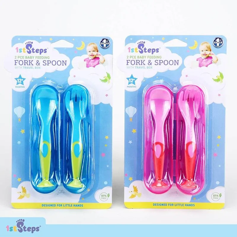 Fork & Spoon with Suction Cup Base & Travel Box 3pc 13cm X 3cm 12mths+ Pink & Blue Bpa Free – image 4
