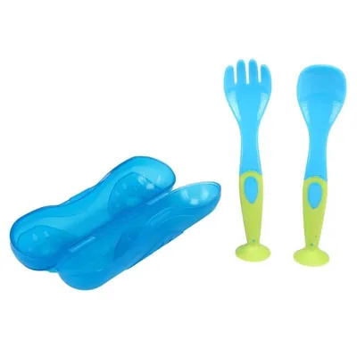 Fork & Spoon with Suction Cup Base & Travel Box 3pc 13cm X 3cm 12mths+ Pink & Blue Bpa Free