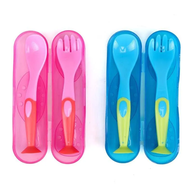 Fork & Spoon with Suction Cup Base & Travel Box 3pc 13cm X 3cm 12mths+ Pink & Blue Bpa Free – image 3