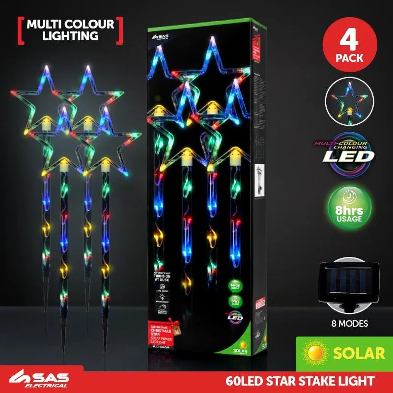 Christmas Stake Light Solar Star 4pk 60LED (15 Per Stake) 19cm X 19cm X 66cm 3.4m Total Length Multi Colour 8 Functions – image 4