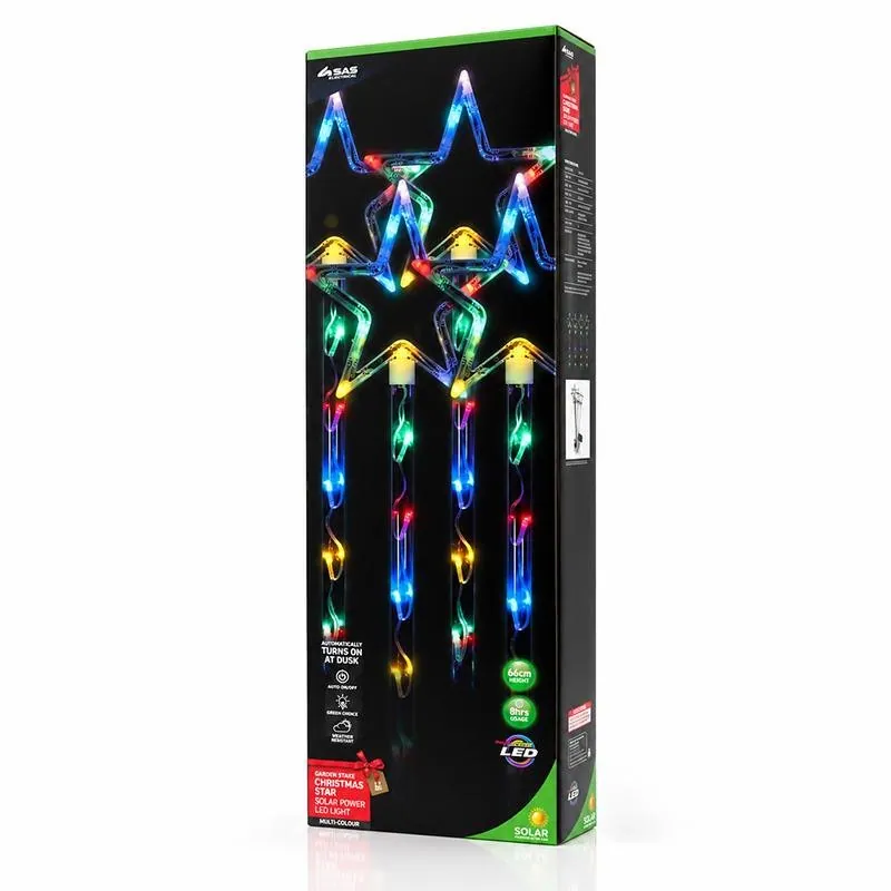 Christmas Stake Light Solar Star 4pk 60LED (15 Per Stake) 19cm X 19cm X 66cm 3.4m Total Length Multi Colour 8 Functions – image 3