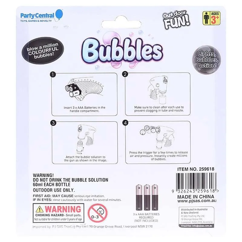 Bubble Gun Battery Operated with Lights Includes: Gun & 2 X 60ml Solution Requires: 3x AAA Batteries (Not Included) – image 3