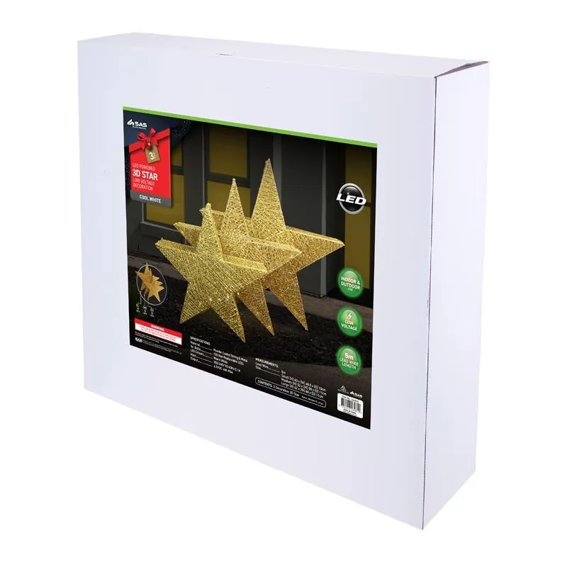Christmas Decorative Light Low Voltage 3D Glitter Stars Gold 3pk Cool White Sizing: Small - 20LED - 43cm X 10cm X 40.5cm, Medium - 30LED - 52cm X 11cm X 50cm & Large - 50LED - 62cm X 11cm X 60cm – image 2