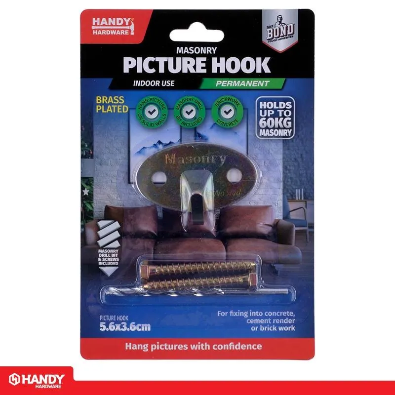 Hook Picture Brass Plated 1pc Includes 2 Nails & Masonry Drill Bit (Holds Up To 60kg Masonry) – image 4