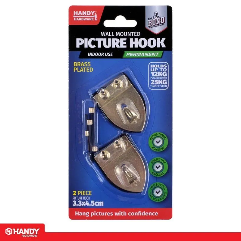 Hook Picture Brass Plated 2pc Includes 4 Nails (Holds Up To 12kg in Plasterboard & 25kg in Tumber Stud) – image 4