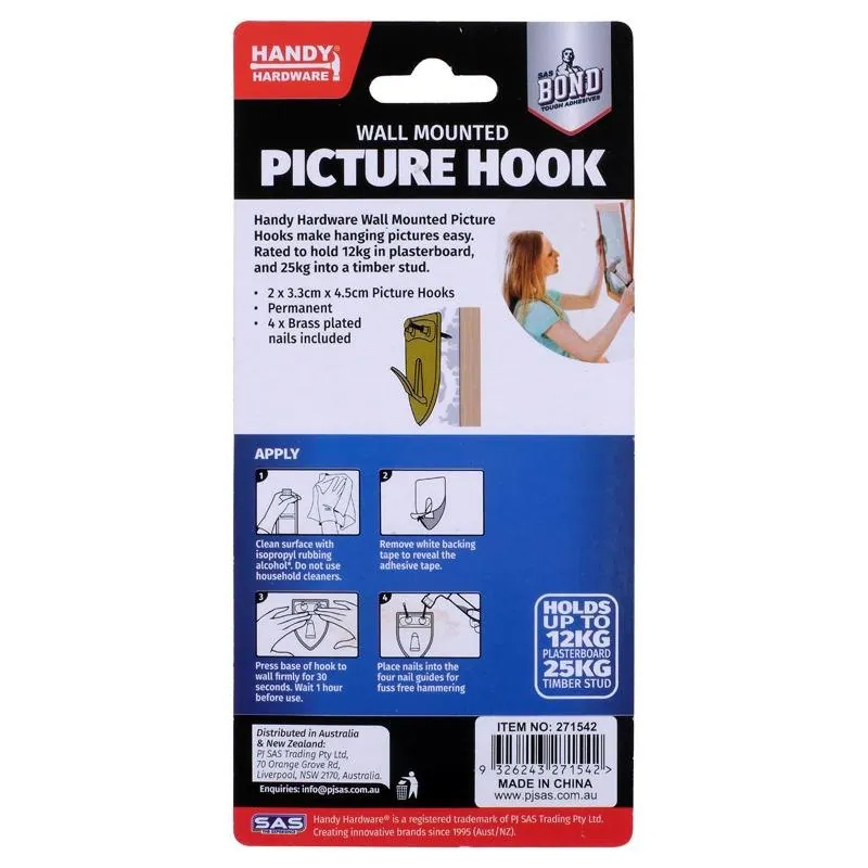 Hook Picture Brass Plated 2pc Includes 4 Nails (Holds Up To 12kg in Plasterboard & 25kg in Tumber Stud) – image 3