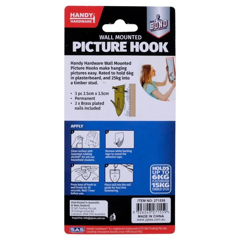 Hook Picture Brass Plated 3pc Includes 3 Nails (Holds Up To 6kg in Plasterboard & 15kg in Timber Stud) – image 3
