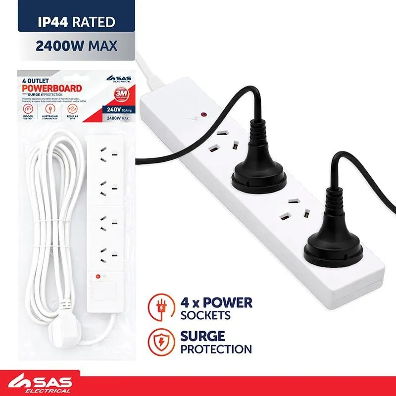 Power Board 4 Outlets with Surge Protection 3 Metre Cord White 240V 10A Max Load 2400W – image 4