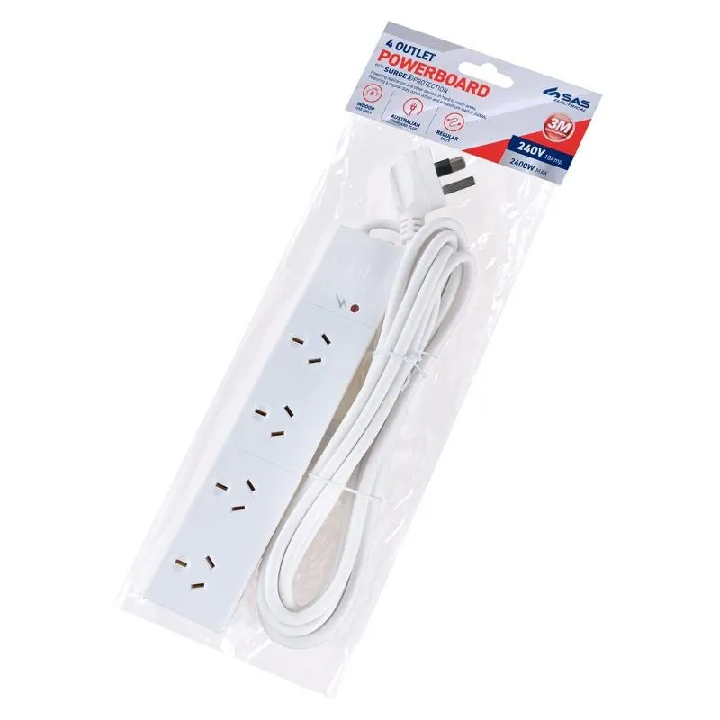 Power Board 4 Outlets with Surge Protection 3 Metre Cord White 240V 10A Max Load 2400W – image 3