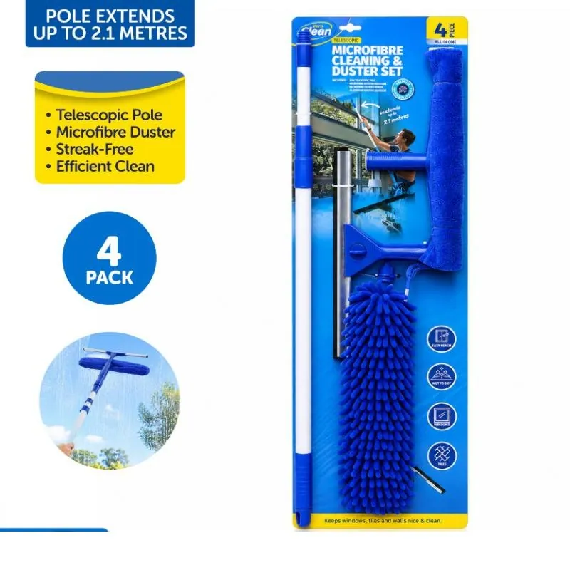 Microfibre Cleaning Set 4pc - Includes: 1x Flexible Microfibre Duster with Handle 57cm, Microfibre Washer, Aluminium Squeegee, 1x Extendable Telescopic Pole with 3 Lengths 90cm - 160cm - 210cm – image 4