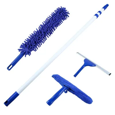 Microfibre Cleaning Set 4pc - Includes: 1x Flexible Microfibre Duster with Handle 57cm, Microfibre Washer, Aluminium Squeegee, 1x Extendable Telescopic Pole with 3 Lengths 90cm - 160cm - 210cm