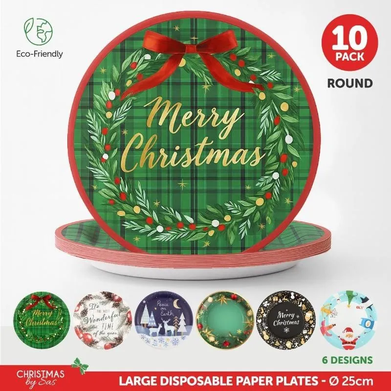 Christmas Paper Plates Round Enviro Disposable 10pk Large - 25cm Dia 6 Assorted Designs – image 4