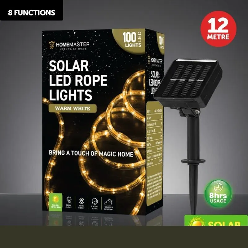 Christmas Rope Light Solar 100LED 12m Total Length Warm White 8 Functions – image 4