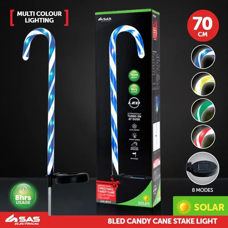 Christmas Stake Light Solar Candy Cane 8LED 16.5cm X 70cm Cool White LED 4 Assorted Outer Colours: Red, Green, Yellow & Blue 8 Function – image 4