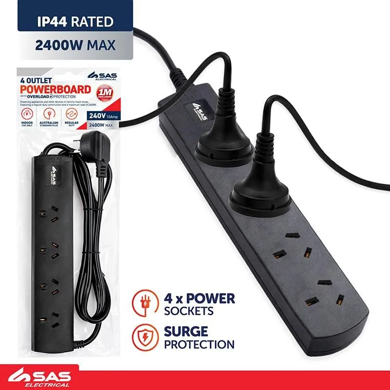 Power Board 4 Outlets with Surge Protection 1 Metre Cord Black 240V 10A Max Load 2400W – image 4