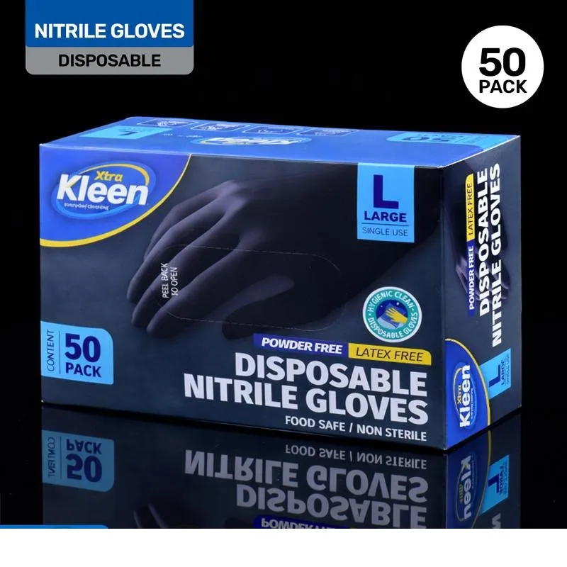 Gloves Powder Free Disposable - Nitrile - Black - Large 50pk (Length 245mm X Palm Width 105mm X Thickness 0.10mm) – image 3