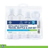 Refillable Toiletry Travel Bottle & Jar Set 7pc with PVC Resealable Bag - Includes: 2x 100ml Flip Top Bottles, 1x 80ml Flip Top Bottle, 4x 10ml Jars & Carry Case – image 4